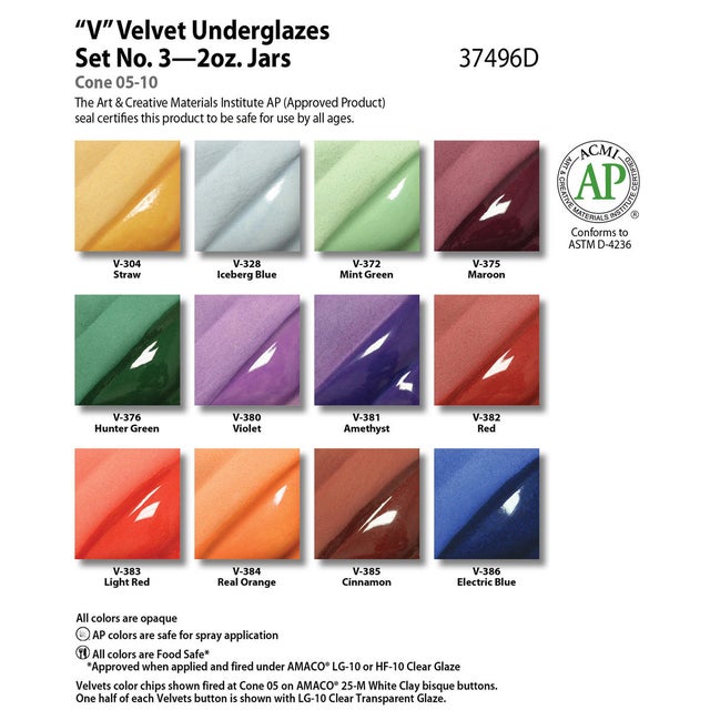 Amaco Velvet Underglaze Set 4 - Set of 12 Colors - 2 oz